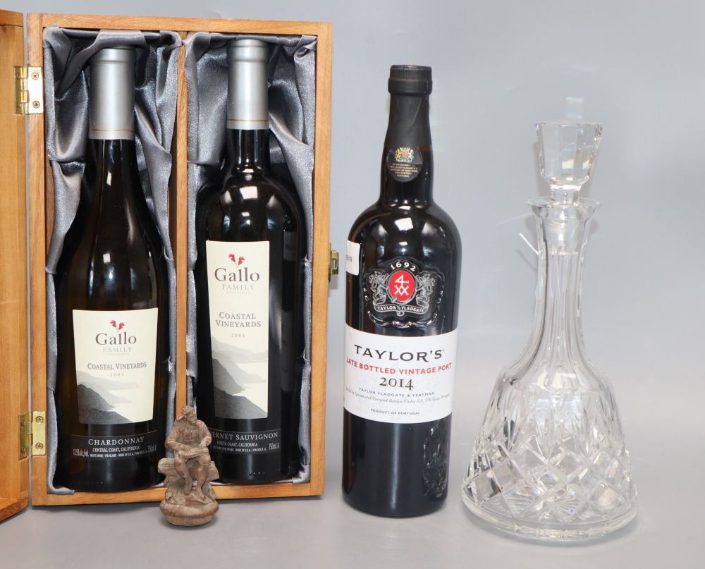 Gallo Family Coastal Vineyards two bottle wooden presentation box (2003 Cabernet Sauvignon and 2004 Chardonnay) and three other items